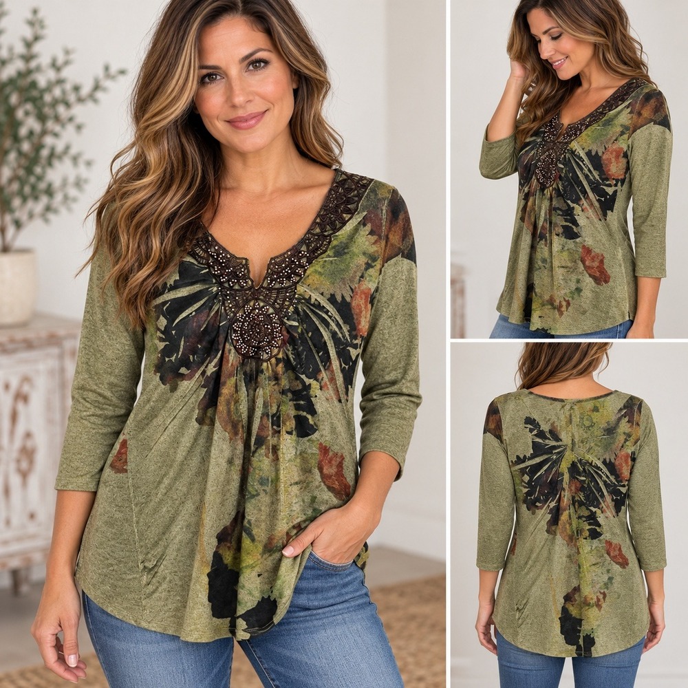 Energe World Wear Green Floral Beaded Crochet V-Neck 3/4 Sleeve Top Large
